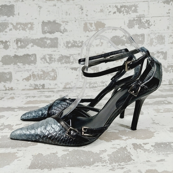 Jazz Metallic Black Blue Pointy Toe Ankle Strap Buckle Crocodile Skin Heels O623 - Picture 1 of 13